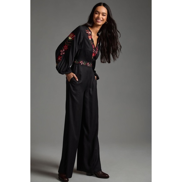 FARM Rio Pants - FARM RIO Black Embroidered Jumpsuit
